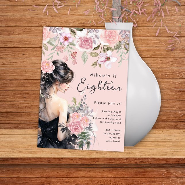 Lady in Black Gown Pink 18. Geburtstag Einladung (Von Creator hochgeladen)