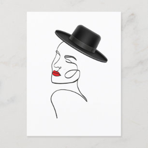 Lady in Black Hat mit Red Lips Line Art Postkarte