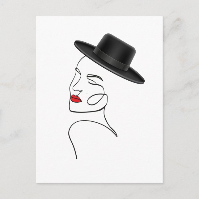 Lady in Black Hat mit Red Lips Line Art Postkarte (Vorderseite)