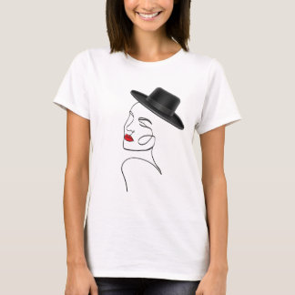 Lady in Black Hat mit Red Lips Line Art T-Shirt