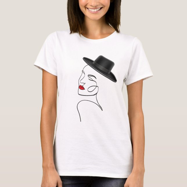 Lady in Black Hat mit Red Lips Line Art T-Shirt (Vorderseite)