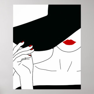 Lady in Black Hat mit Red Lipstick Line Art Poster