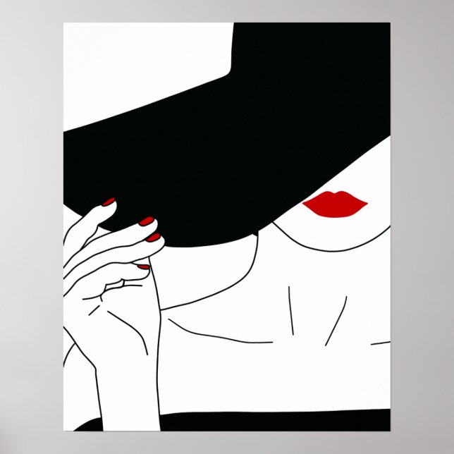 Lady in Black Hat mit Red Lipstick Line Art Poster (Vorne)