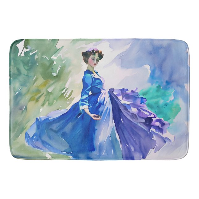 Lady in Blue Dress - Aquarellmalerei Badematte (Vorderseite)