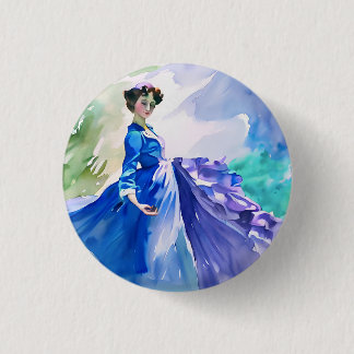 Lady in Blue Dress - Aquarellmalerei Button