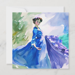 Lady in Blue Dress - Aquarellmalerei Einladung