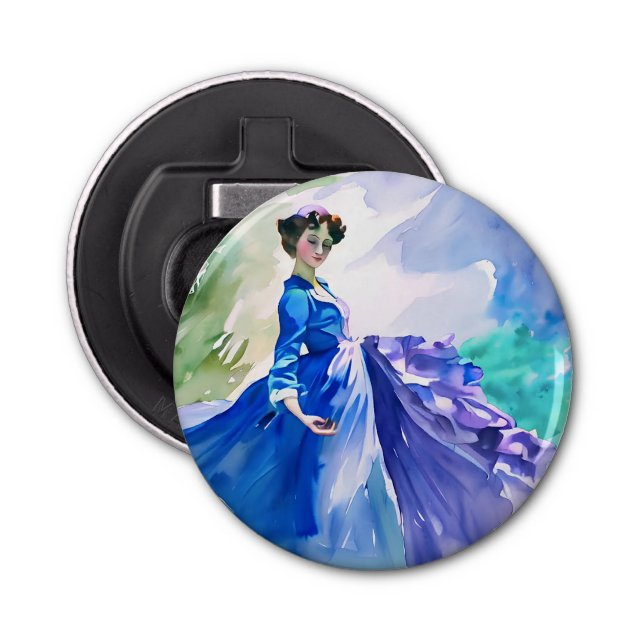 Lady in Blue Dress - Aquarellmalerei Flaschenöffner (Vorderseite)