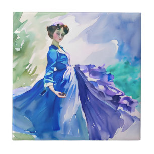 Lady in Blue Dress - Aquarellmalerei Fliese