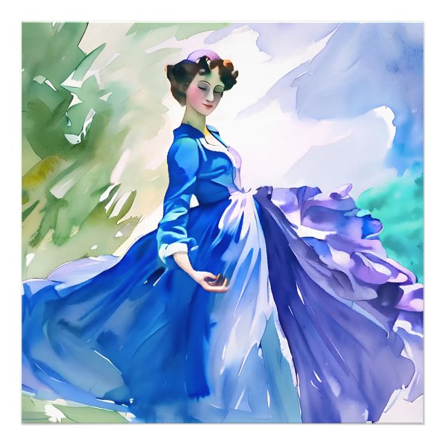 Lady in Blue Dress - Aquarellmalerei Fotodruck (Vorne)