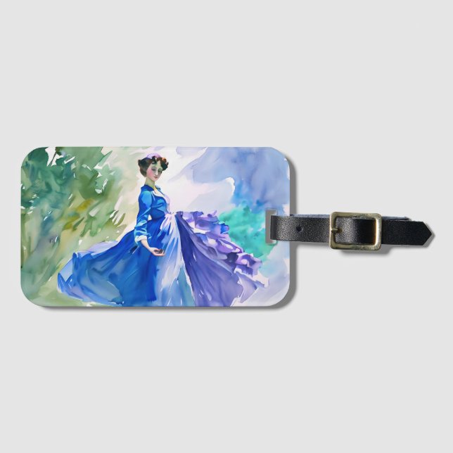 Lady in Blue Dress - Aquarellmalerei Gepäckanhänger (Vorderseite (Horizontal))