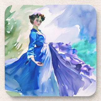 Lady in Blue Dress - Aquarellmalerei Getränkeuntersetzer