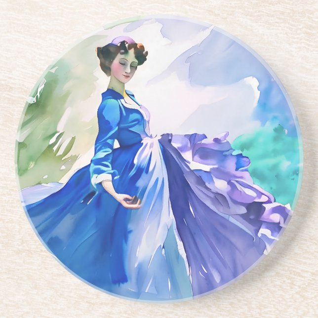 Lady in Blue Dress - Aquarellmalerei Getränkeuntersetzer (Vorne)