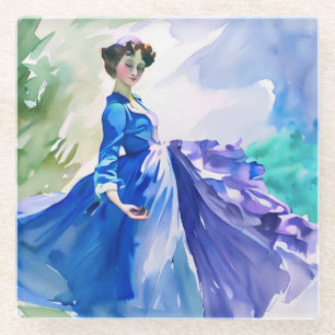 Lady in Blue Dress - Aquarellmalerei Glasuntersetzer