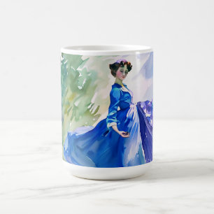 Lady in Blue Dress - Aquarellmalerei Kaffeetasse