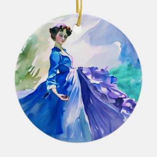 Lady in Blue Dress - Aquarellmalerei Keramik Ornament