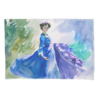 Lady in Blue Dress - Aquarellmalerei Kissenbezug