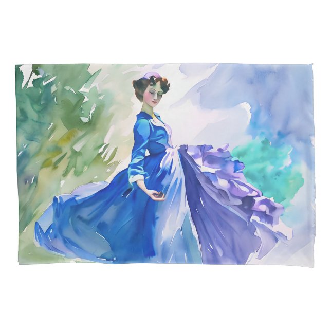 Lady in Blue Dress - Aquarellmalerei Kissenbezug (Vorderseite)