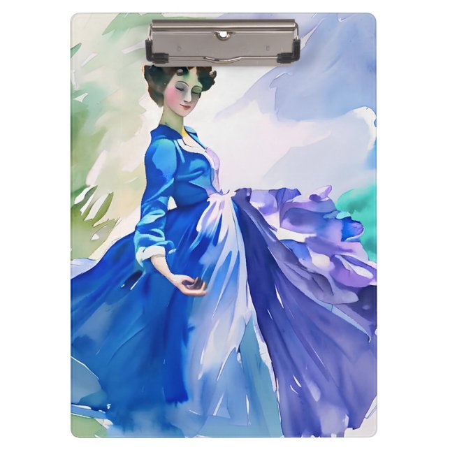 Lady in Blue Dress - Aquarellmalerei Klemmbrett (Vorderseite)
