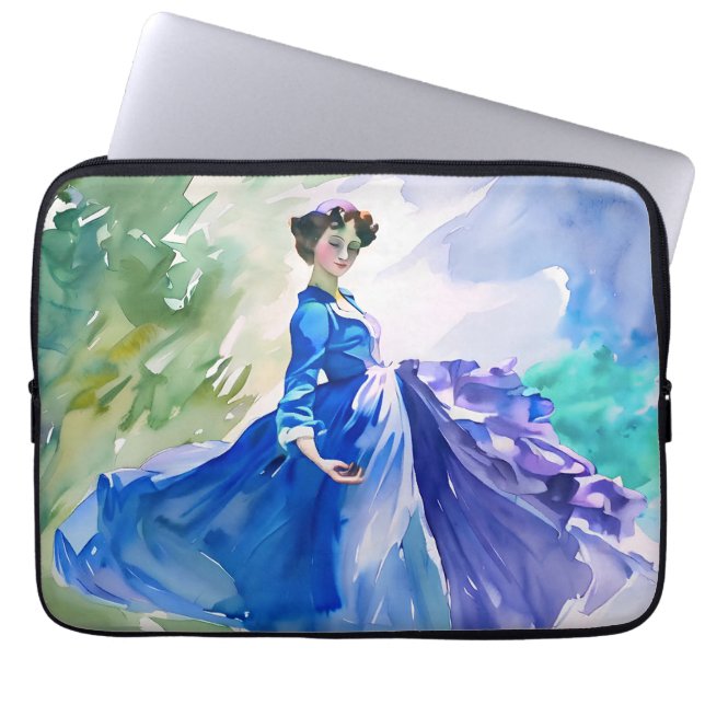 Lady in Blue Dress - Aquarellmalerei Laptopschutzhülle (Vorderseite)