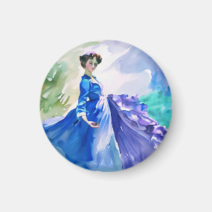 Lady in Blue Dress - Aquarellmalerei Magnet