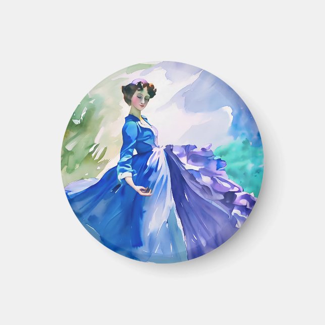 Lady in Blue Dress - Aquarellmalerei Magnet (Vorne)