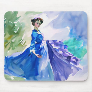 Lady in Blue Dress - Aquarellmalerei Mousepad