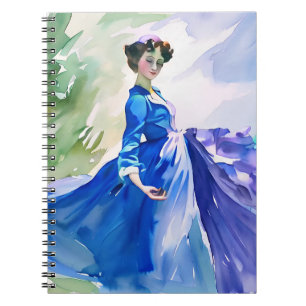 Lady in Blue Dress - Aquarellmalerei Notizblock