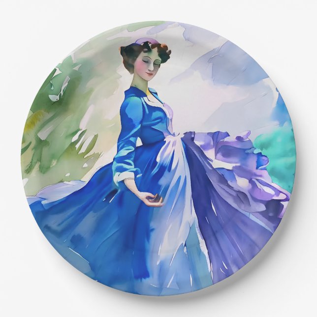 Lady in Blue Dress - Aquarellmalerei Pappteller (Vorderseite)