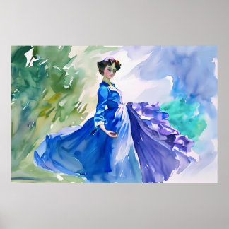 Lady in Blue Dress - Aquarellmalerei Poster