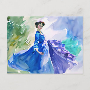 Lady in Blue Dress - Aquarellmalerei Postkarte