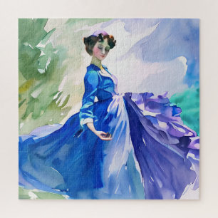 Lady in Blue Dress - Aquarellmalerei Puzzle
