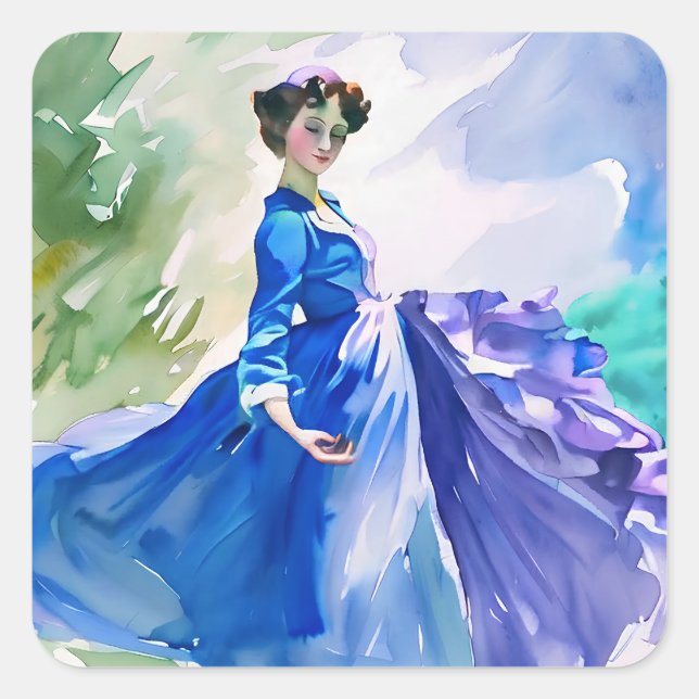 Lady in Blue Dress - Aquarellmalerei Quadratischer Aufkleber (Vorderseite)