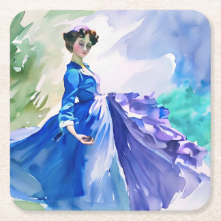 Lady in Blue Dress - Aquarellmalerei Rechteckiger Pappuntersetzer