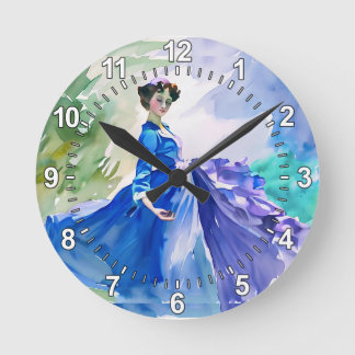 Lady in Blue Dress - Aquarellmalerei Runde Wanduhr