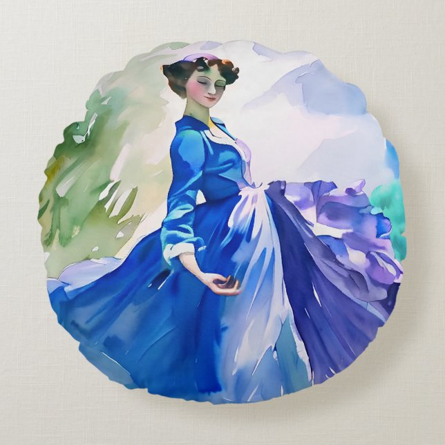 Lady in Blue Dress - Aquarellmalerei Rundes Kissen (Vorderseite)