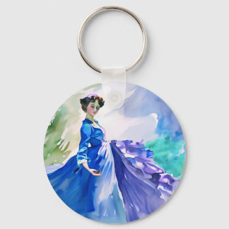 Lady in Blue Dress - Aquarellmalerei Schlüsselanhänger