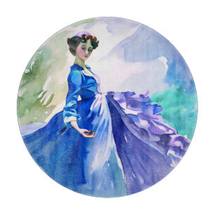 Lady in Blue Dress - Aquarellmalerei Schneidebrett