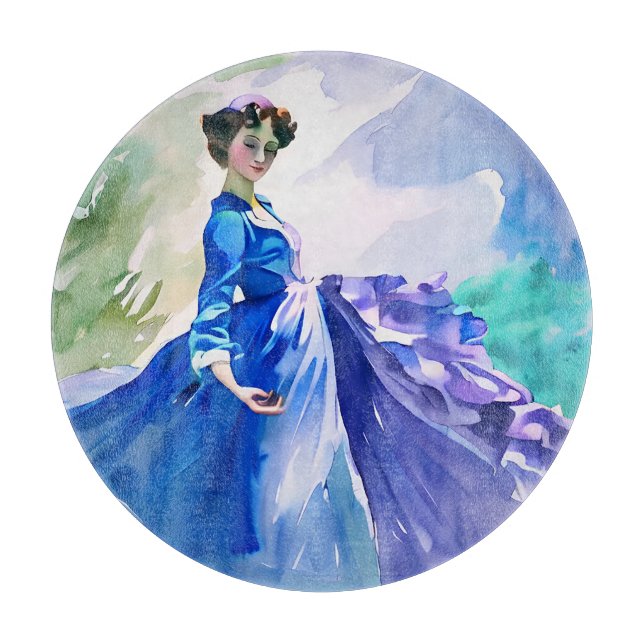 Lady in Blue Dress - Aquarellmalerei Schneidebrett (Vorderseite)