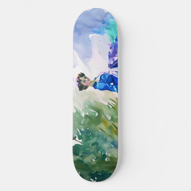 Lady in Blue Dress - Aquarellmalerei Skateboard (Vorderseite)