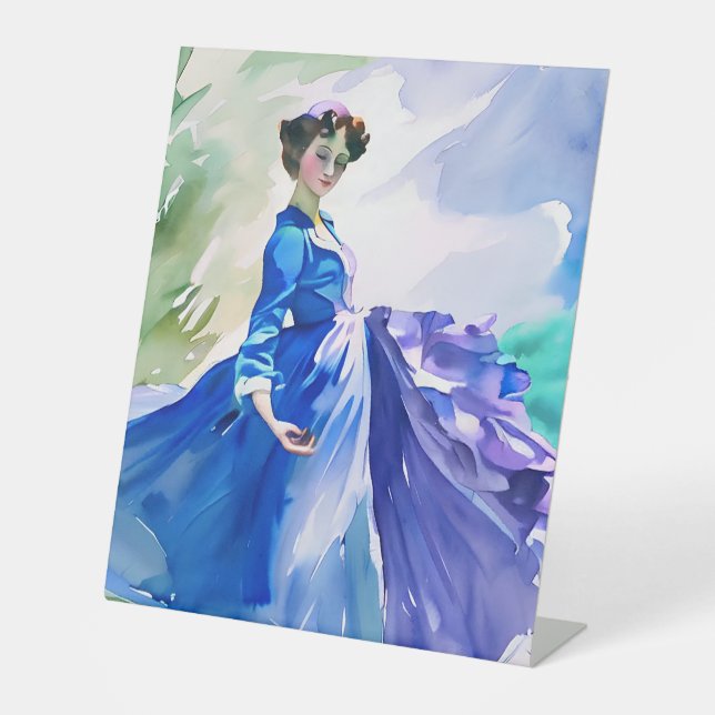 Lady in Blue Dress - Aquarellmalerei Sockelschild (Vorderseite)