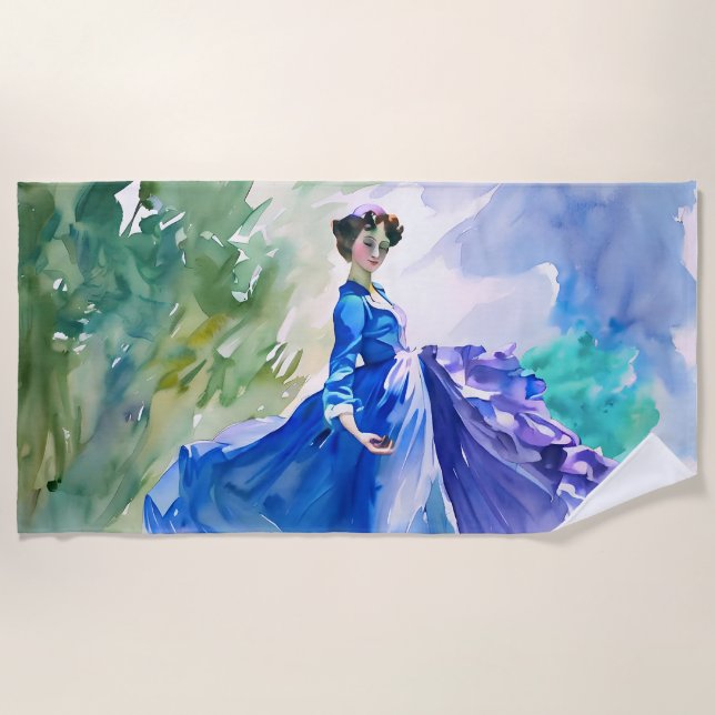 Lady in Blue Dress - Aquarellmalerei Strandtuch (Vorderseite)