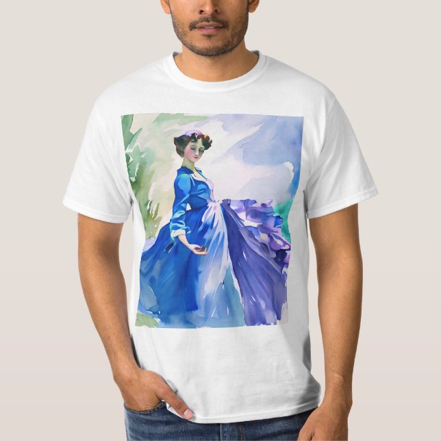 Lady in Blue Dress - Aquarellmalerei T-Shirt (Vorderseite)