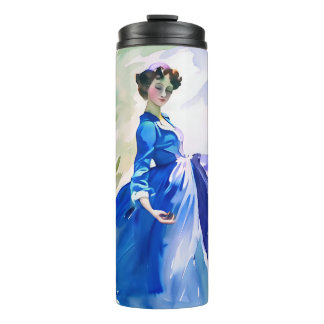 Lady in Blue Dress - Aquarellmalerei Thermosbecher