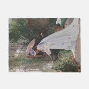 Lady in einem Garten Kümmerte für ihre Blume mit L Fußmatte