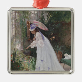 Lady in einem Garten Kümmerte für ihre Blume mit L Ornament Aus Metall