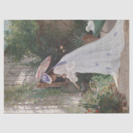 Lady in einem Garten Kümmerte für ihre Blume mit L Seidenpapier