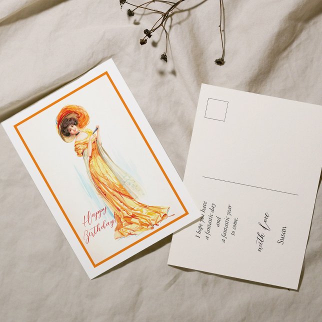 Lady in einem gelben Kleid, Happy Birthday Postkarte (Von Creator hochgeladen)