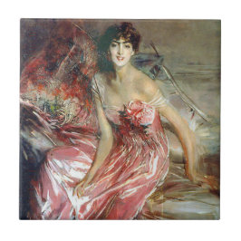 Lady in einem rosa Kleid (von Giovanni Boldini) Fliese
