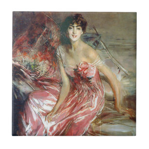 Lady in einem rosa Kleid (von Giovanni Boldini) Fliese