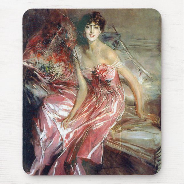Lady in einem rosa Kleid (von Giovanni Boldini) Mousepad (Vorne)